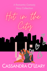 Hot In The City by Cassandra O'Leary, ebook cover design. Features an illustration with a city skyline and a couple sitting on the floor in an apartment.