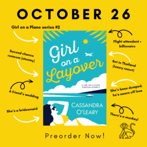 Girl on a Layover by Cassandra O'Leary, Oct 26 pre-order graphic. Features book cover and trope descriptions.