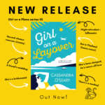 Girl on a Layover tropes graphic. Book cover featuring a woman lying on a beach on bright yellow background with a monkey image.