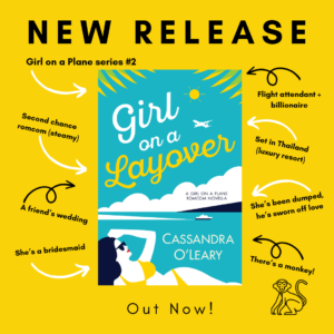 Girl on a Layover tropes graphic. Book cover featuring a woman lying on a beach on bright yellow background with a monkey image.