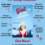 Girl in the Snow by Cassandra O'Leary is out now. Illustrated book cover with pretty woman wearing a hat and gloves in snowy landscape, trope descriptions on blue background.