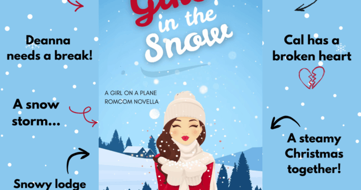 Girl in the Snow by Cassandra O'Leary is out now. Illustrated book cover with pretty woman wearing a hat and gloves in snowy landscape, trope descriptions on blue background.