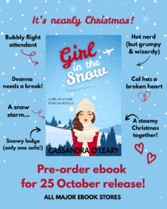 Pre-order graphic for Girl in the Snow with tropes. Snowy background and illustrated book cover. 